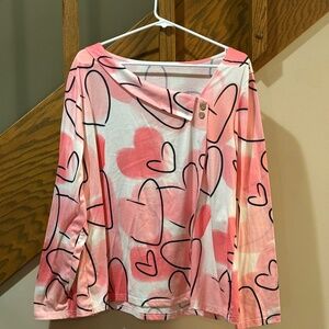 Pink Heart Print Top XXL Long Sleeve Valentine Graphic Shirt